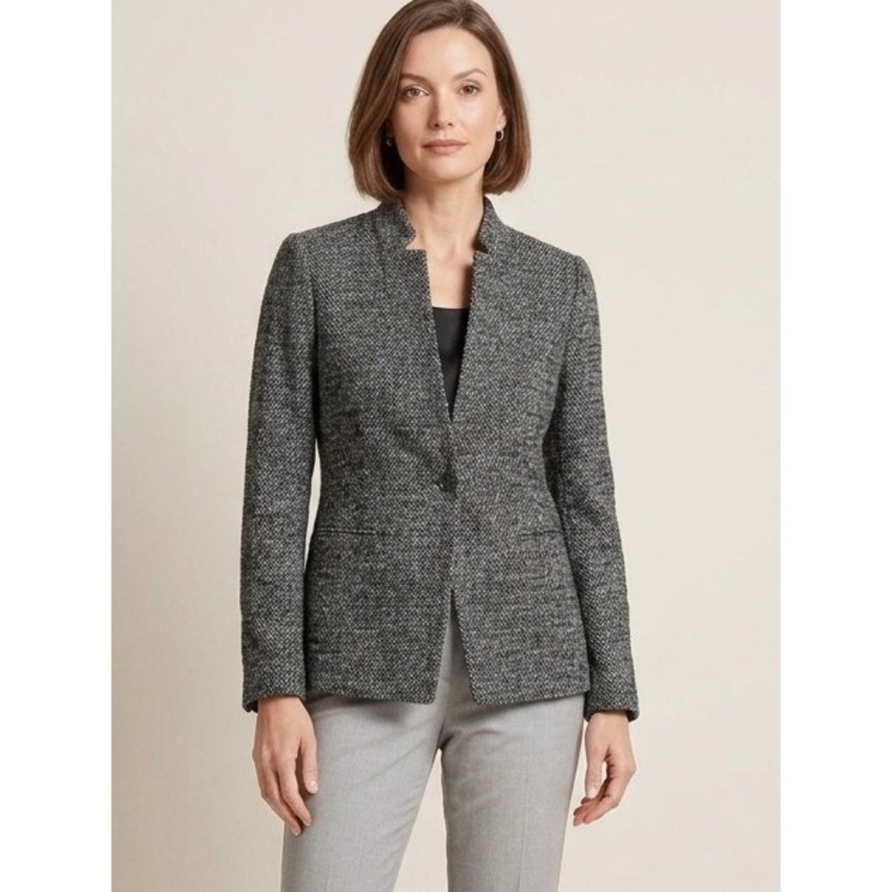 Talbots Womens 4 Black White Tweed Knit Blazer Wool Blend Single Button Heritage
